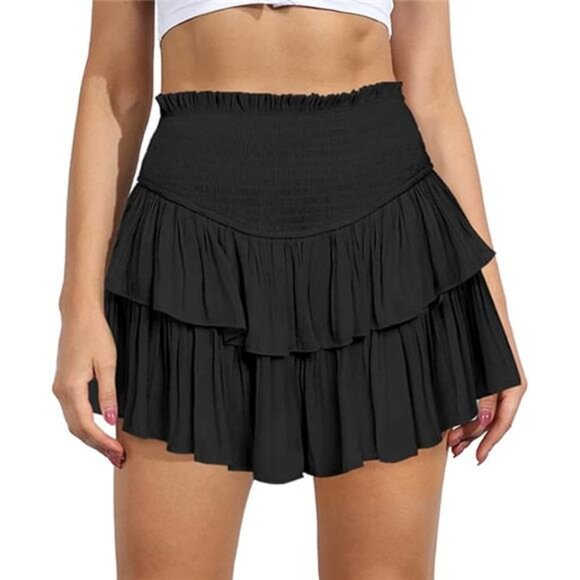 High Waist Ruffle Flowy Mini Skirts Stretchy Waist Solid Lined Layered Pleated - Picture 7 of 7